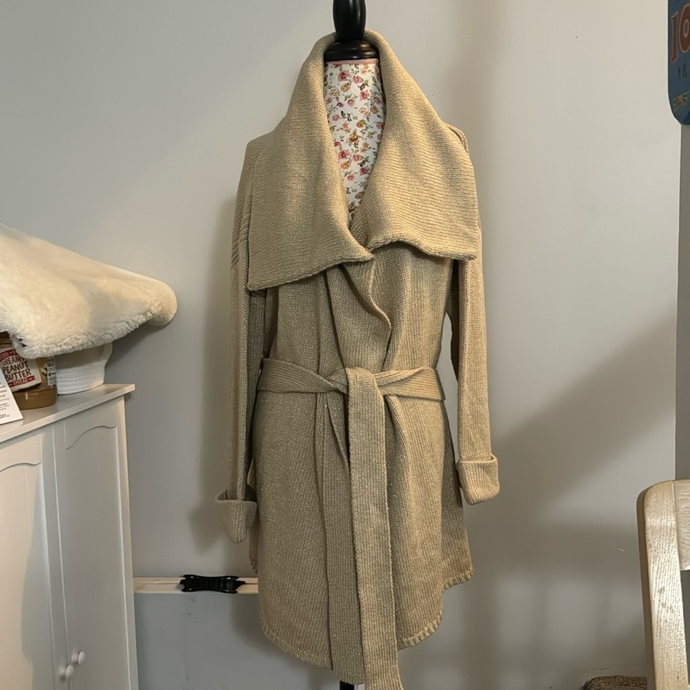 🆕NWT*HOST PICK⭐️Talbots Knit CardiganTie Belt Sweater Tan/Gold metallic size 2X